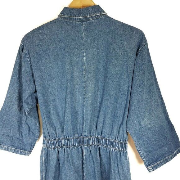 𝅺VINTAGE DREAMS Denim Dress Blue Shoulder Pads Cinched Elastic Waist Large - Picture 5 of 8